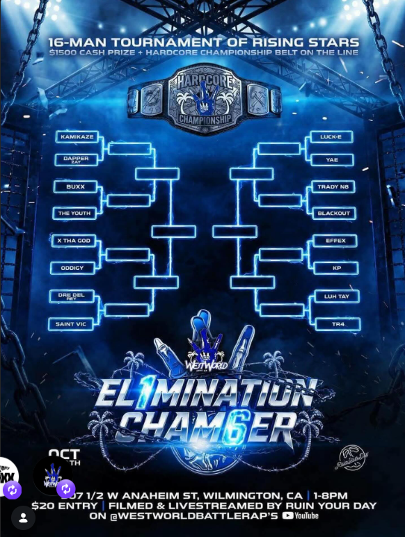 Elimination Chamber flyer showing the 16 battlers, Hardcore Championship belt and event details.